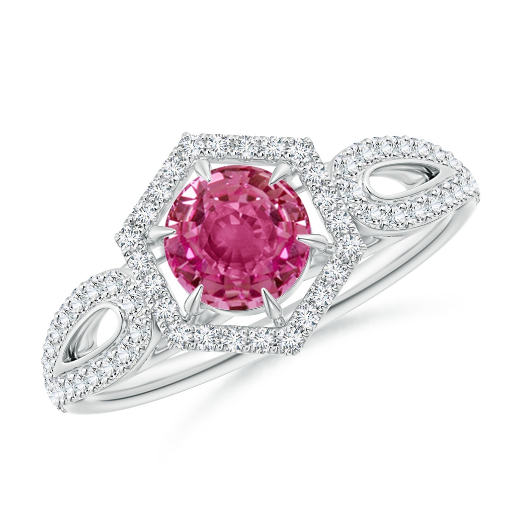 5mm AAAA Pink Sapphire Split Shank Ring with Diamond Hexagon Halo in White Gold