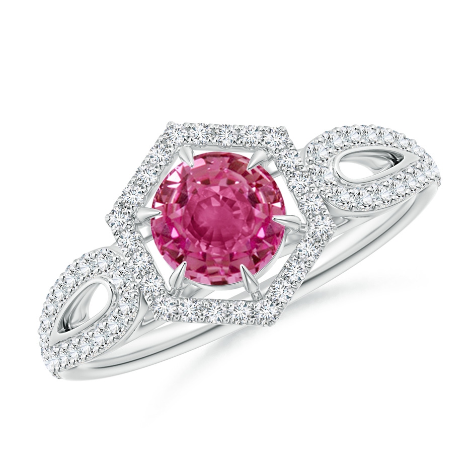 5mm AAAA Pink Sapphire Split Shank Ring with Diamond Hexagon Halo in White Gold 