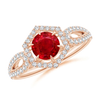 5mm AAA Ruby Split Shank Ring with Diamond Hexagon Halo in Rose Gold