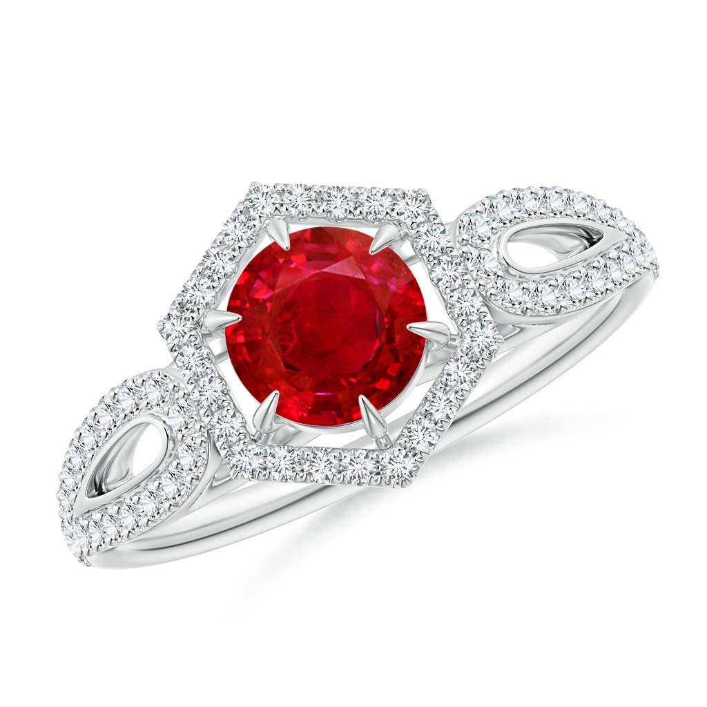 5mm AAA Ruby Split Shank Ring with Diamond Hexagon Halo in White Gold