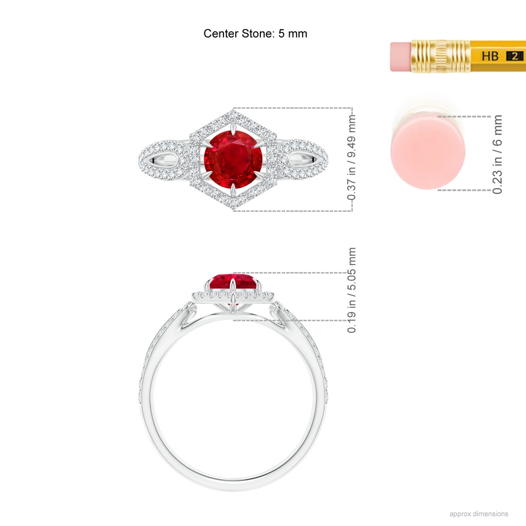 5mm AAA Ruby Split Shank Ring with Diamond Hexagon Halo in White Gold Ruler
