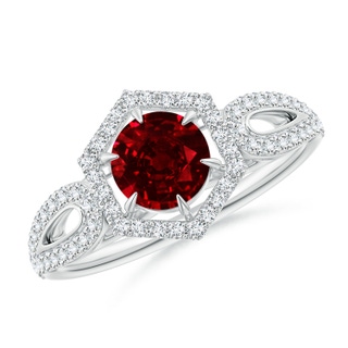 5mm AAAA Ruby Split Shank Ring with Diamond Hexagon Halo in White Gold