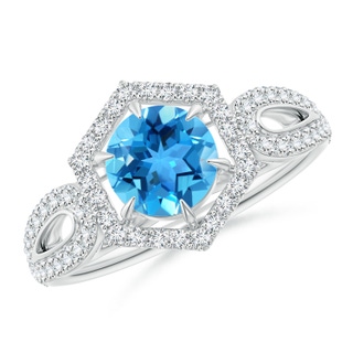 6mm AAA Swiss Blue Topaz Split Shank Ring with Diamond Hexagon Halo in White Gold