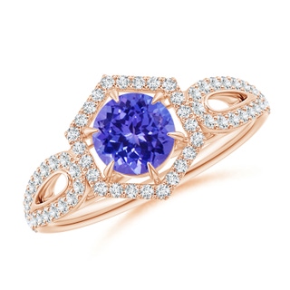 5mm AAAA Tanzanite Split Shank Ring with Diamond Hexagon Halo in Rose Gold