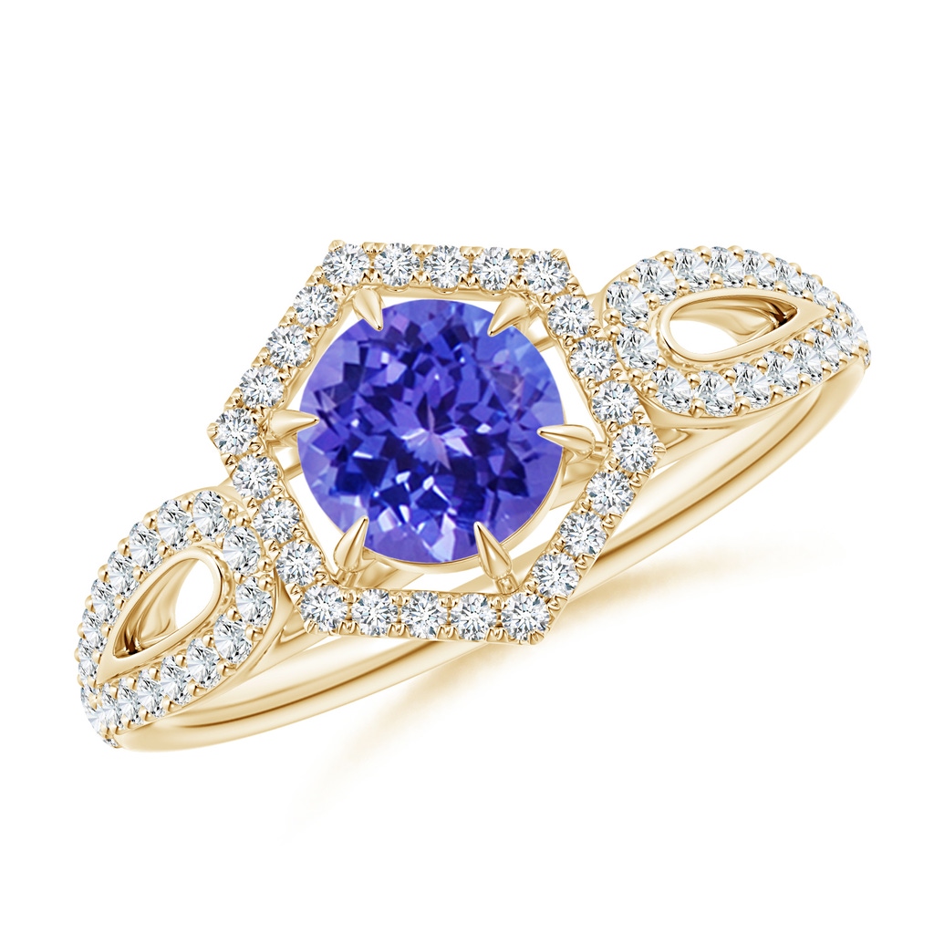 5mm AAAA Tanzanite Split Shank Ring with Diamond Hexagon Halo in Yellow Gold