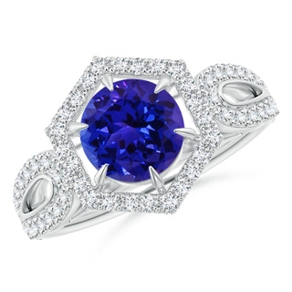 7mm AAAA Tanzanite Split Shank Ring with Diamond Hexagon Halo in P950 Platinum