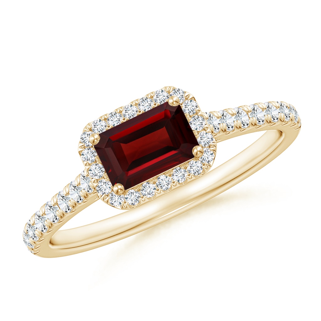 6x4mm AAA East West Emerald-Cut Garnet Halo Ring in Yellow Gold 