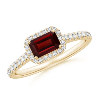 6x4mm AAA East West Emerald-Cut Garnet Halo Ring in Yellow Gold