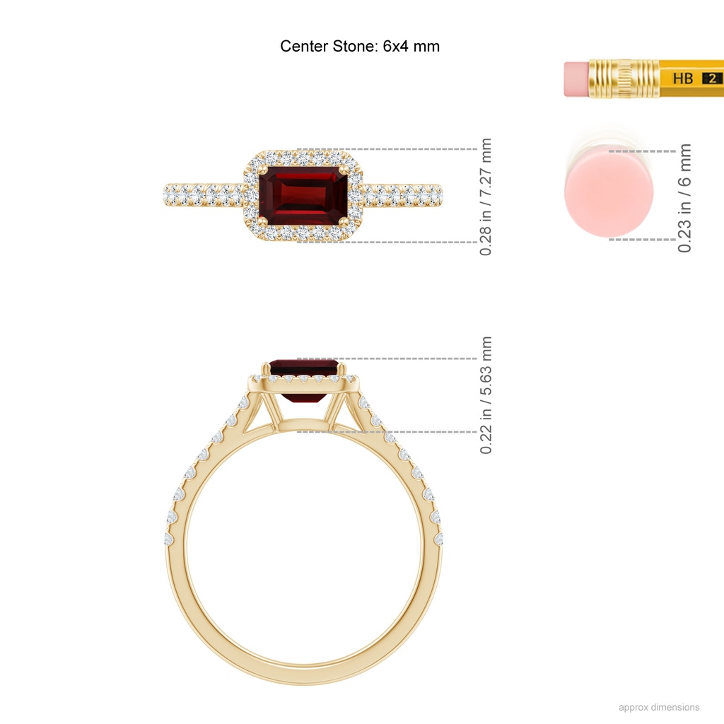 6x4mm AAA East West Emerald-Cut Garnet Halo Ring in Yellow Gold Ruler