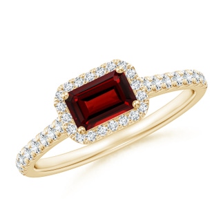 6x4mm AAAA East West Emerald-Cut Garnet Halo Ring in Yellow Gold