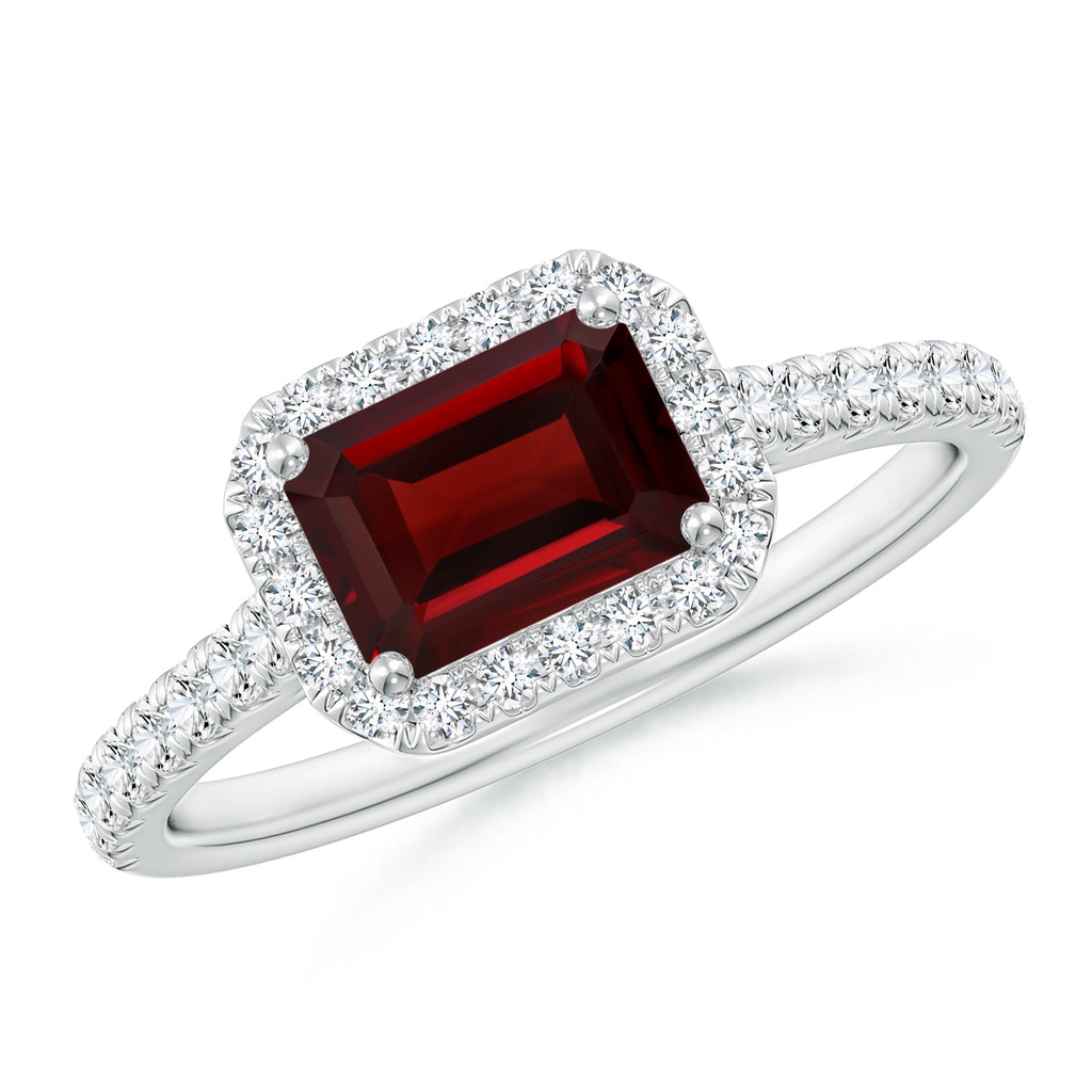 7x5mm AAA East West Emerald-Cut Garnet Halo Ring in White Gold