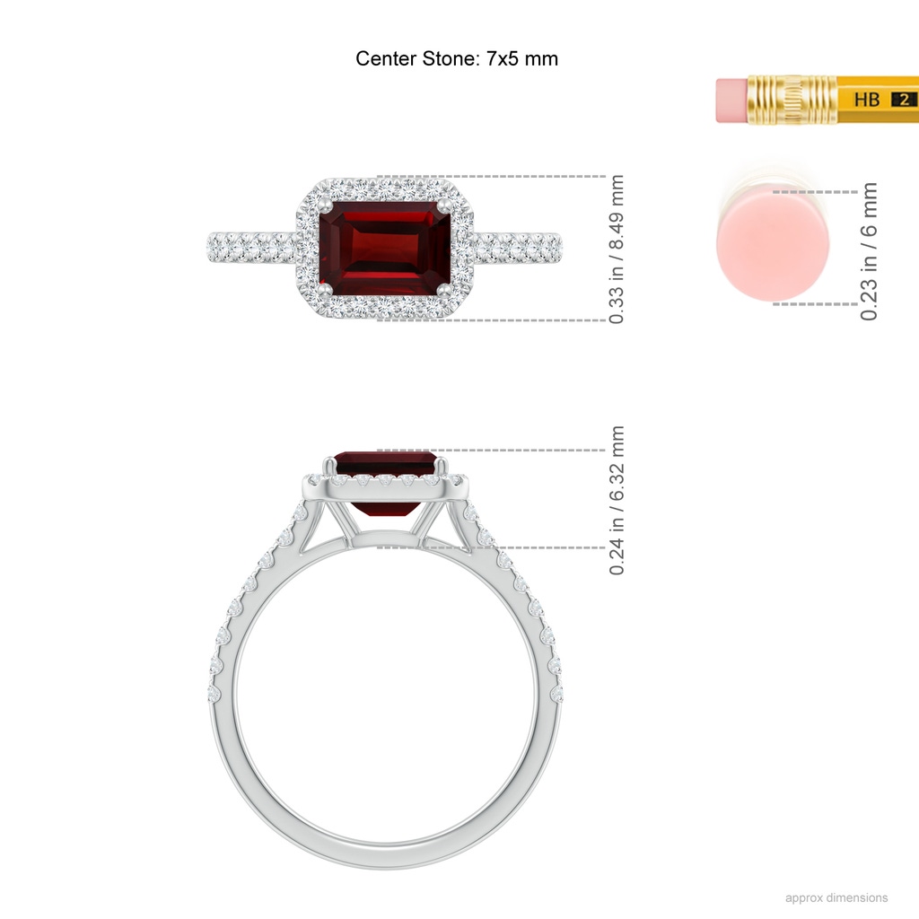 7x5mm AAA East West Emerald-Cut Garnet Halo Ring in White Gold Ruler