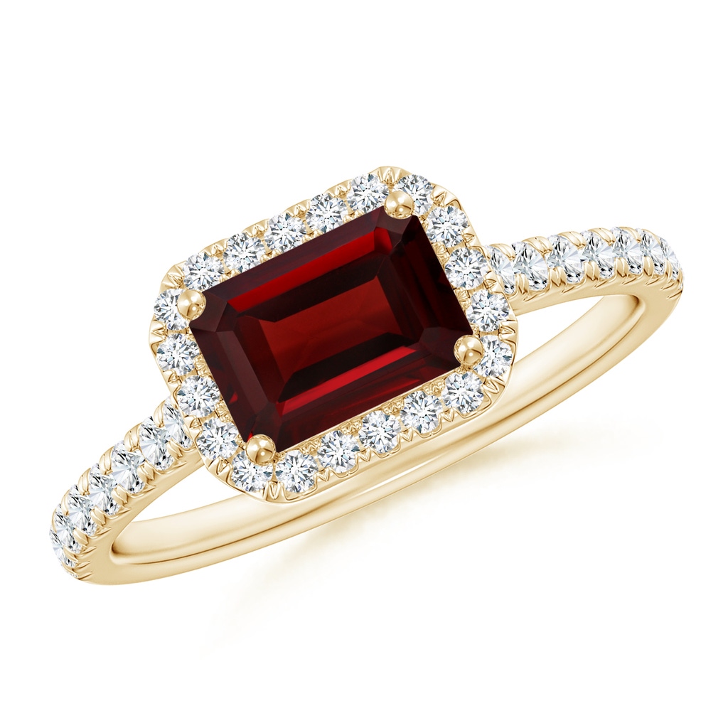 7x5mm AAA East West Emerald-Cut Garnet Halo Ring in Yellow Gold