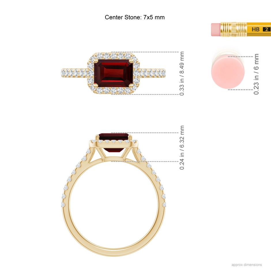 7x5mm AAA East West Emerald-Cut Garnet Halo Ring in Yellow Gold ruler