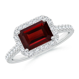 8x6mm AAA East West Emerald-Cut Garnet Halo Ring in White Gold