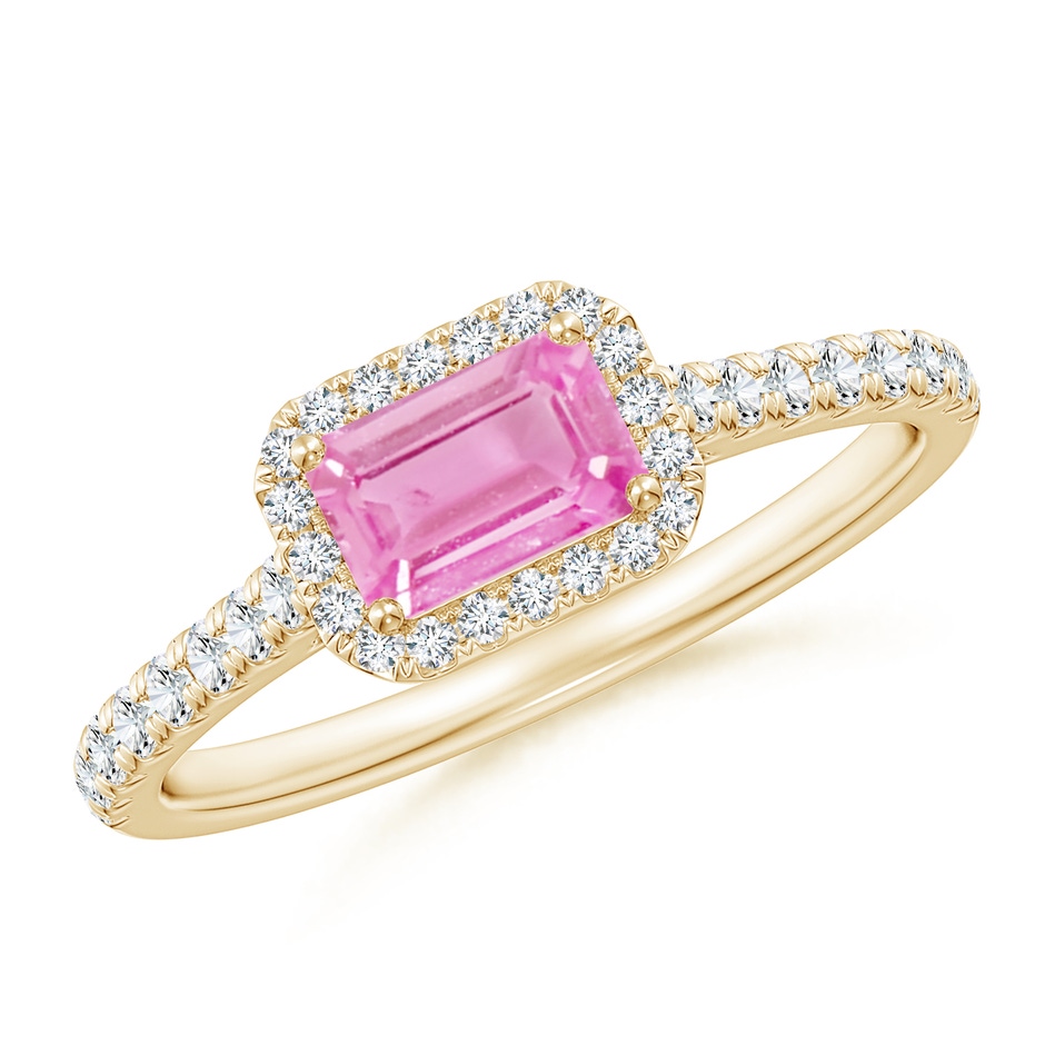 6x4mm A East West Emerald-Cut Pink Sapphire Halo Ring in Yellow Gold 