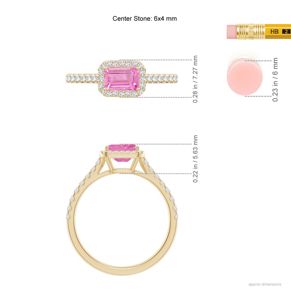 6x4mm A East West Emerald-Cut Pink Sapphire Halo Ring in Yellow Gold ruler