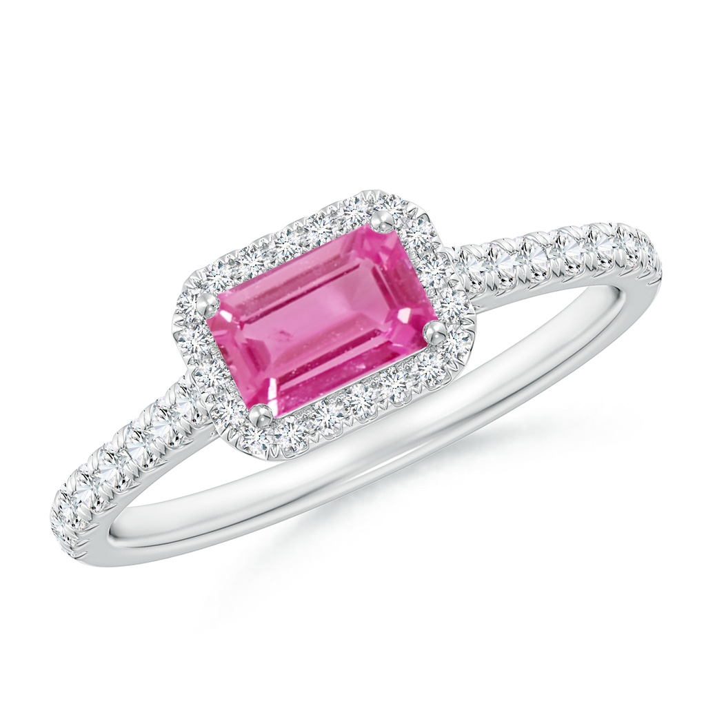 6x4mm AAA East West Emerald-Cut Pink Sapphire Halo Ring in White Gold