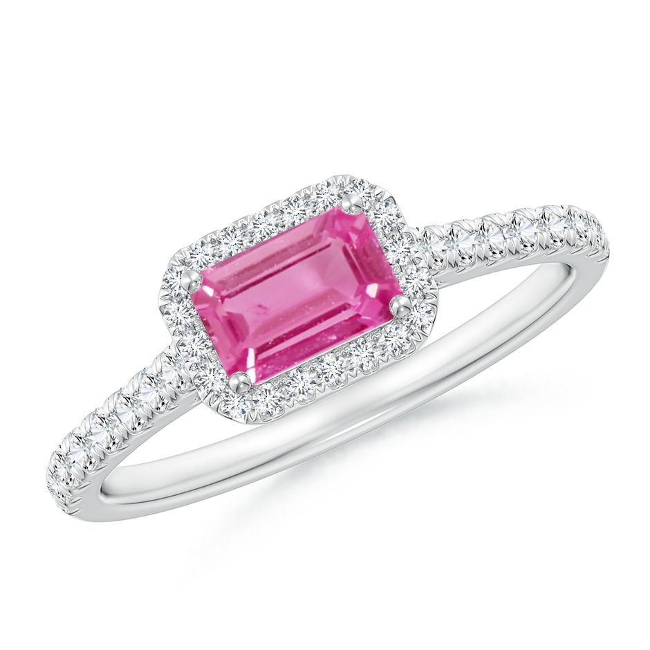 6x4mm AAA East West Emerald-Cut Pink Sapphire Halo Ring in White Gold 