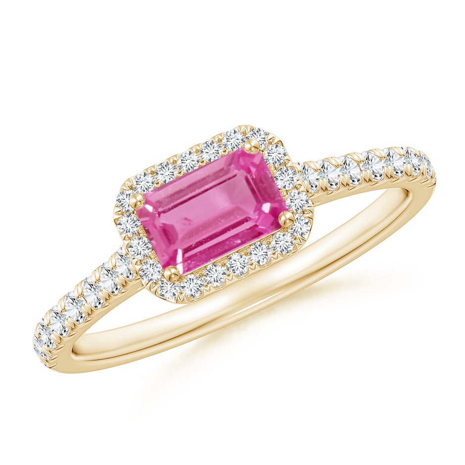 6x4mm AAA East West Emerald-Cut Pink Sapphire Halo Ring in Yellow Gold 