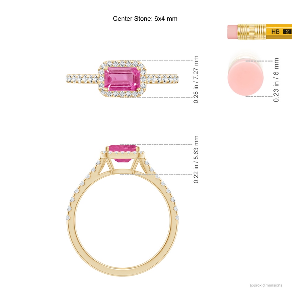6x4mm AAA East West Emerald-Cut Pink Sapphire Halo Ring in Yellow Gold ruler