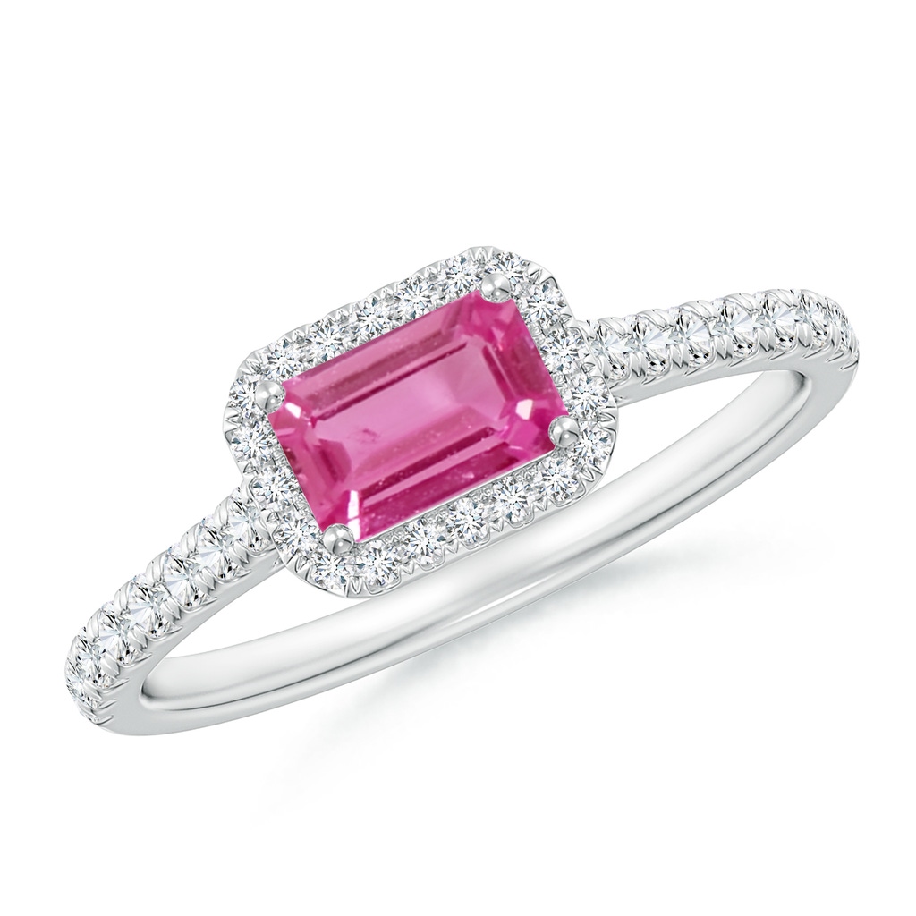 6x4mm AAAA East West Emerald-Cut Pink Sapphire Halo Ring in P950 Platinum