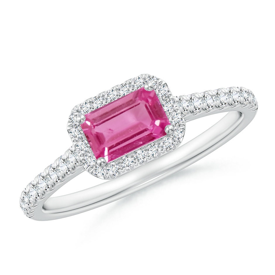 6x4mm AAAA East West Emerald-Cut Pink Sapphire Halo Ring in P950 Platinum 