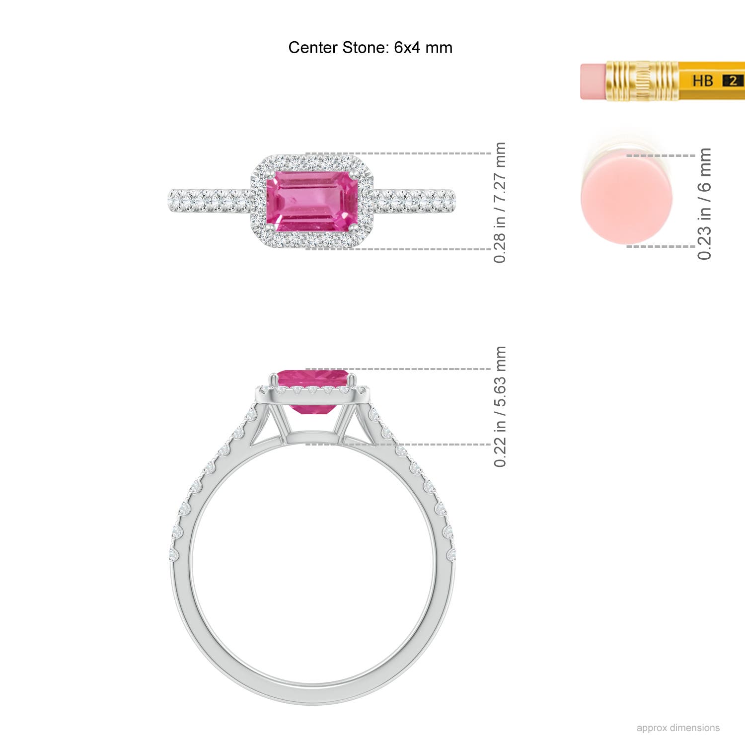 6x4mm AAAA East West Emerald-Cut Pink Sapphire Halo Ring in P950 Platinum - ruler