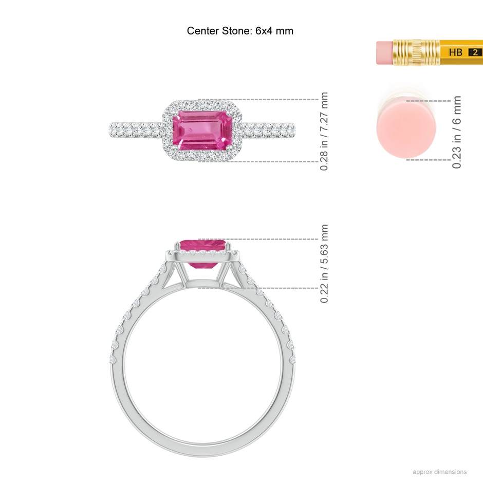 6x4mm AAAA East West Emerald-Cut Pink Sapphire Halo Ring in P950 Platinum ruler