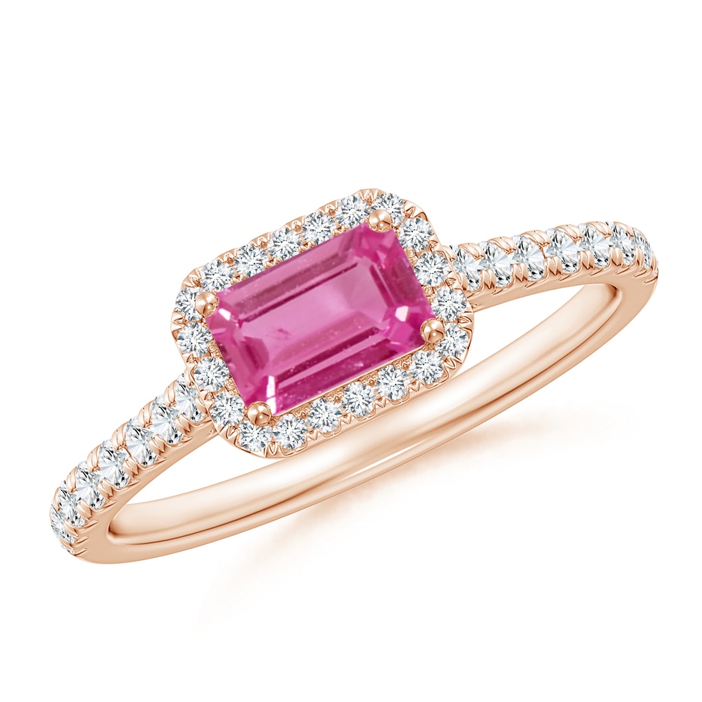 6x4mm AAAA East West Emerald-Cut Pink Sapphire Halo Ring in Rose Gold