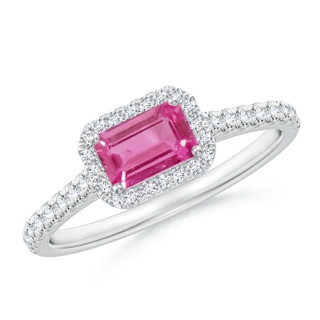6x4mm AAAA East West Emerald-Cut Pink Sapphire Halo Ring in White Gold