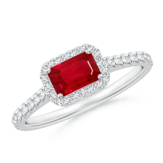 6x4mm AAA East West Emerald-Cut Ruby Halo Ring in White Gold