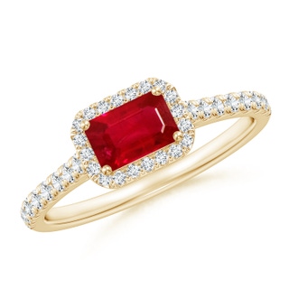 6x4mm AAA East West Emerald-Cut Ruby Halo Ring in Yellow Gold