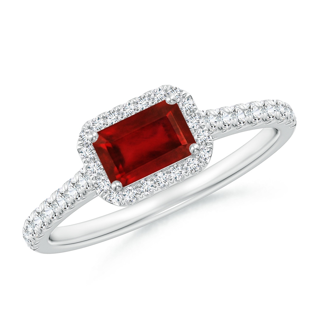 6x4mm AAAA East West Emerald-Cut Ruby Halo Ring in White Gold