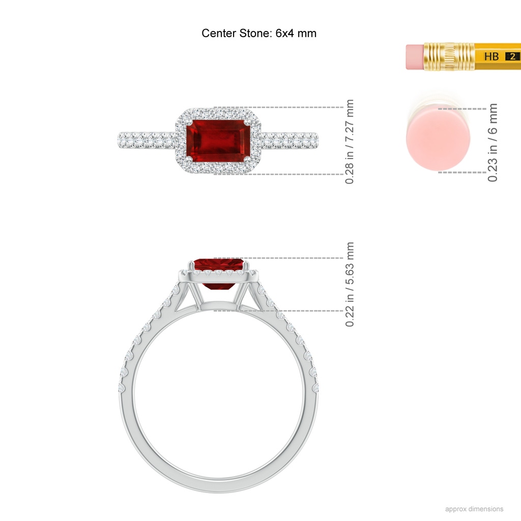 6x4mm AAAA East West Emerald-Cut Ruby Halo Ring in White Gold Ruler