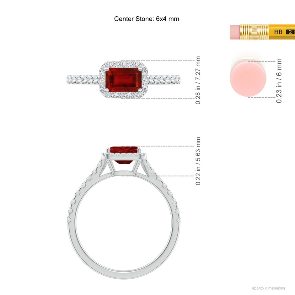 6x4mm Lab-Grown East West Emerald-Cut Ruby Halo Ring in White Gold ruler