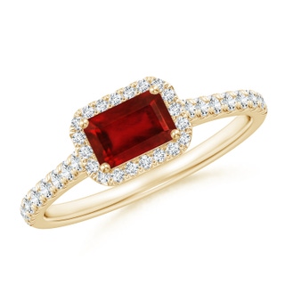 6x4mm AAAA East West Emerald-Cut Ruby Halo Ring in Yellow Gold