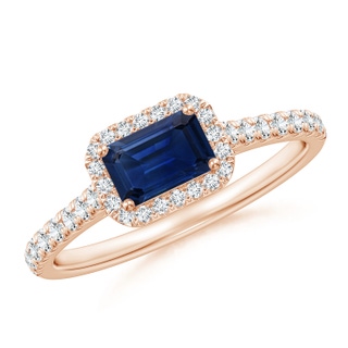 6x4mm AAA East West Emerald-Cut Sapphire Halo Ring in Rose Gold