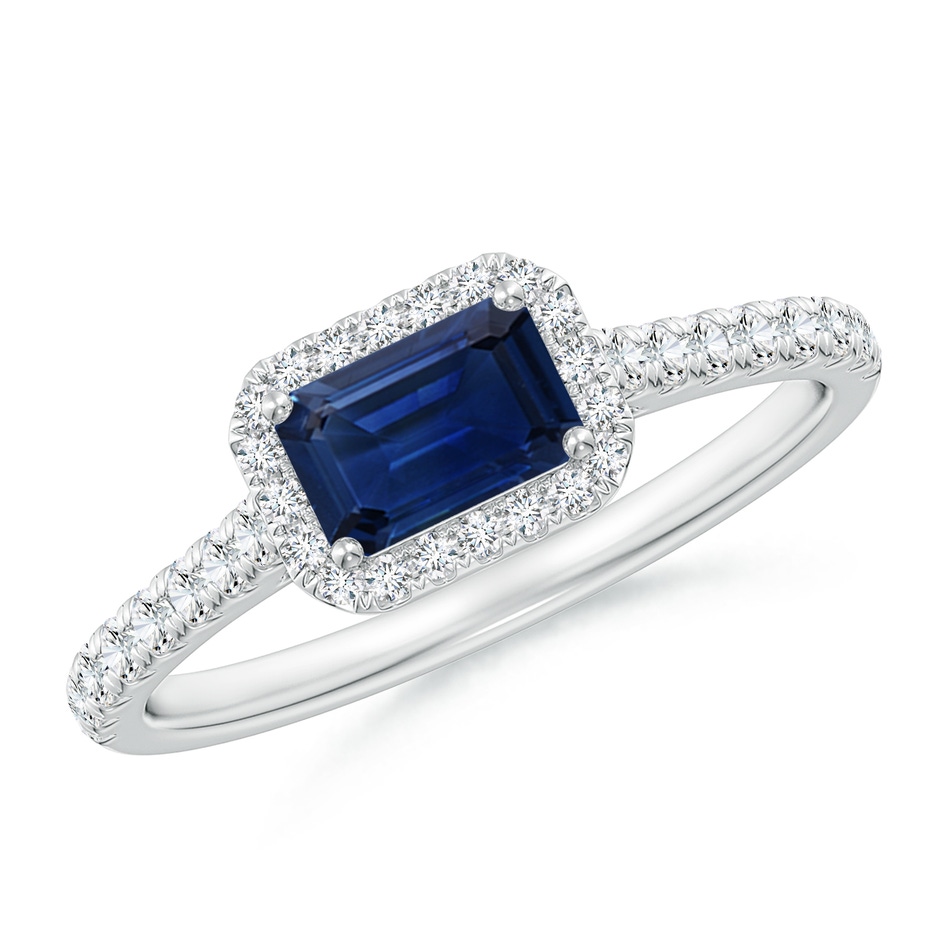 6x4mm AAA East West Emerald-Cut Sapphire Halo Ring in White Gold 