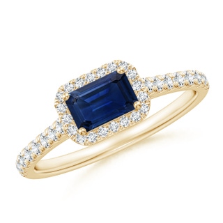 6x4mm AAA East West Emerald-Cut Sapphire Halo Ring in Yellow Gold