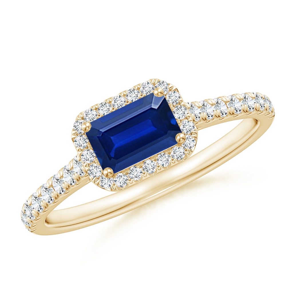 6x4mm AAAA East West Emerald-Cut Sapphire Halo Ring in Yellow Gold