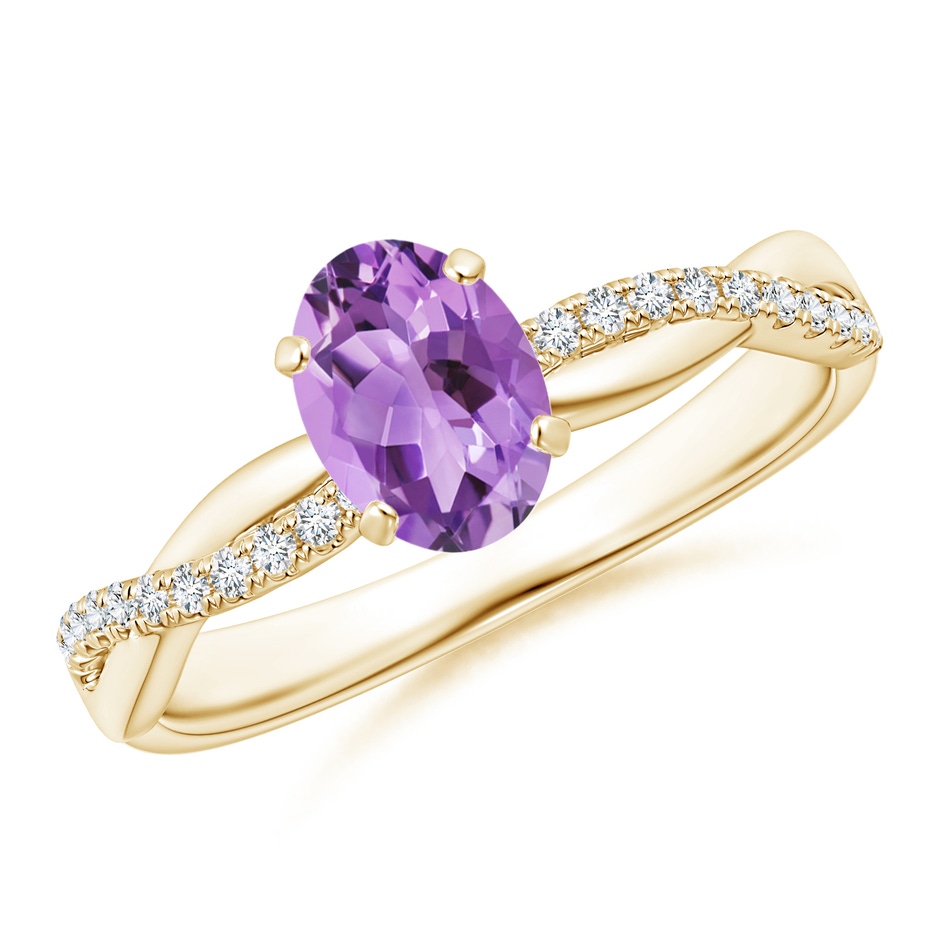 7x5mm A Oval Amethyst Twist Shank Ring with Diamonds in 18K Yellow Gold 