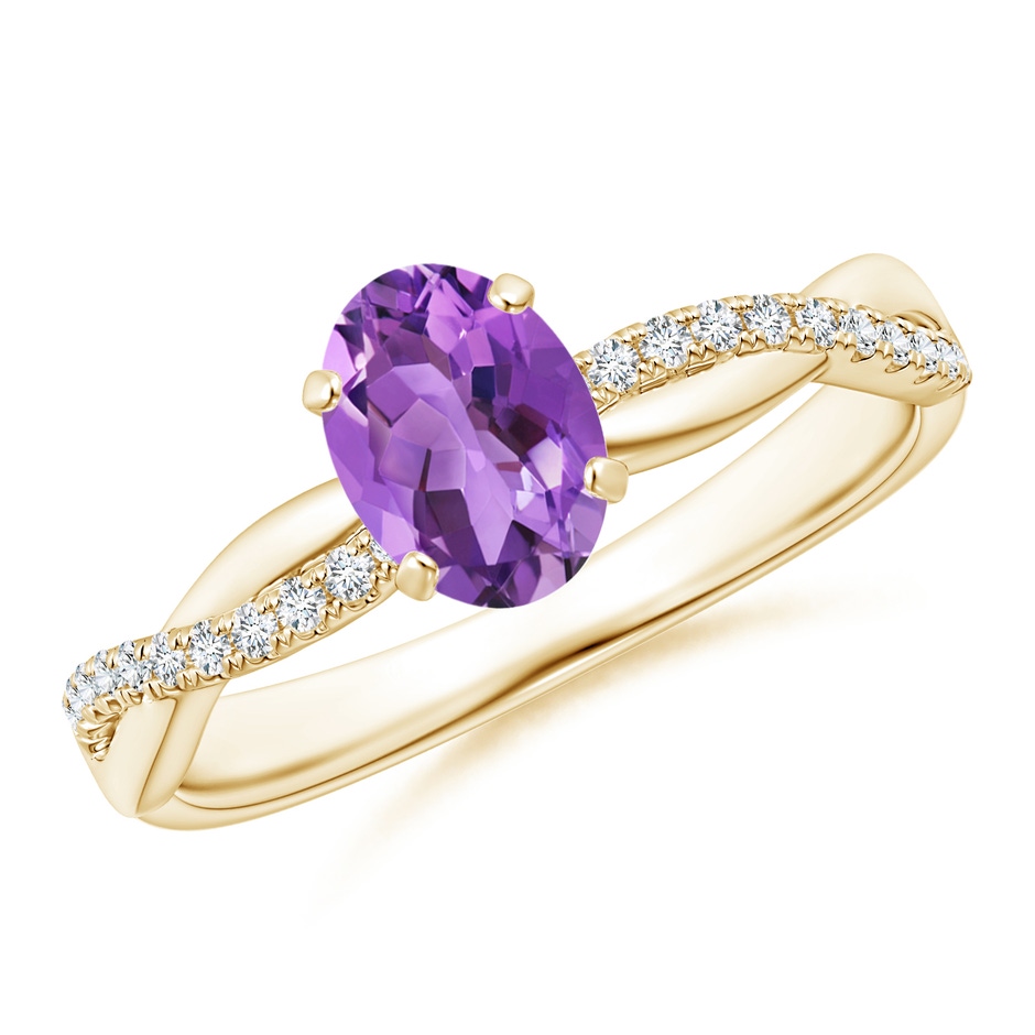 7x5mm AA Oval Amethyst Twist Shank Ring with Diamonds in 18K Yellow Gold 