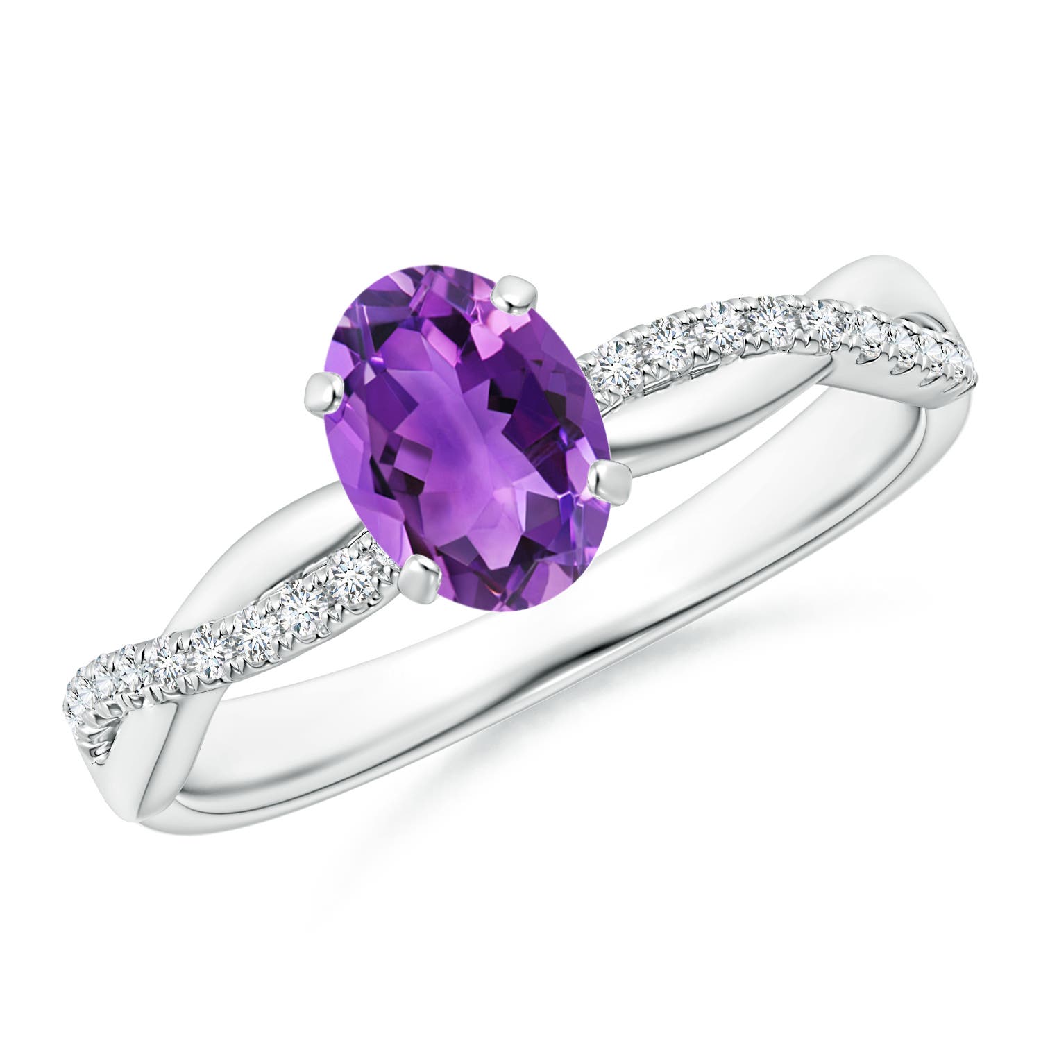 7x5mm AAA Oval Amethyst Twist Shank Ring with Diamonds in 18CT White Gold