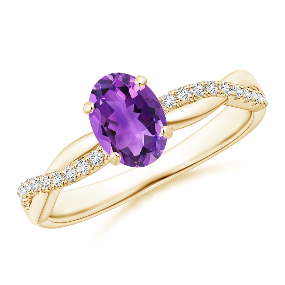 7x5mm AAA Oval Amethyst Twist Shank Ring with Diamonds in 18K Yellow Gold 