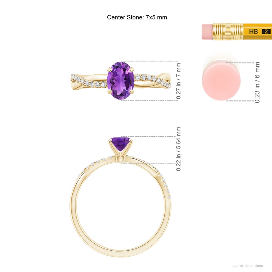 7x5mm AAA Oval Amethyst Twist Shank Ring with Diamonds in 18K Yellow Gold ruler
