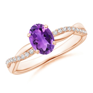7x5mm AAA Oval Amethyst Twist Shank Ring with Diamonds in Rose Gold