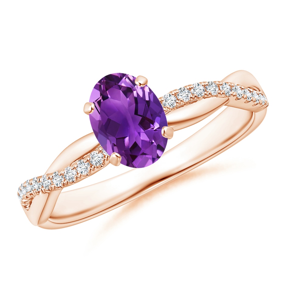 7x5mm AAAA Oval Amethyst Twist Shank Ring with Diamonds in 18K Rose Gold 