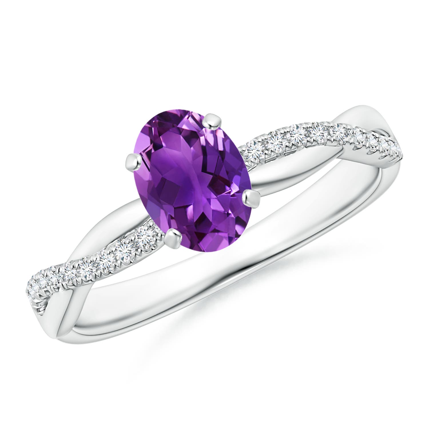 7x5mm AAAA Oval Amethyst Twist Shank Ring with Diamonds in 18CT White Gold