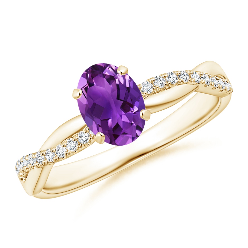 7x5mm AAAA Oval Amethyst Twist Shank Ring with Diamonds in 18K Yellow Gold 